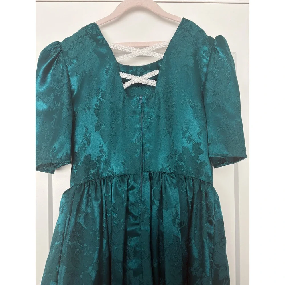 Vintage Disorderly Kids Emerald Green Floral Jacquard Dress Girls14 Made in USA